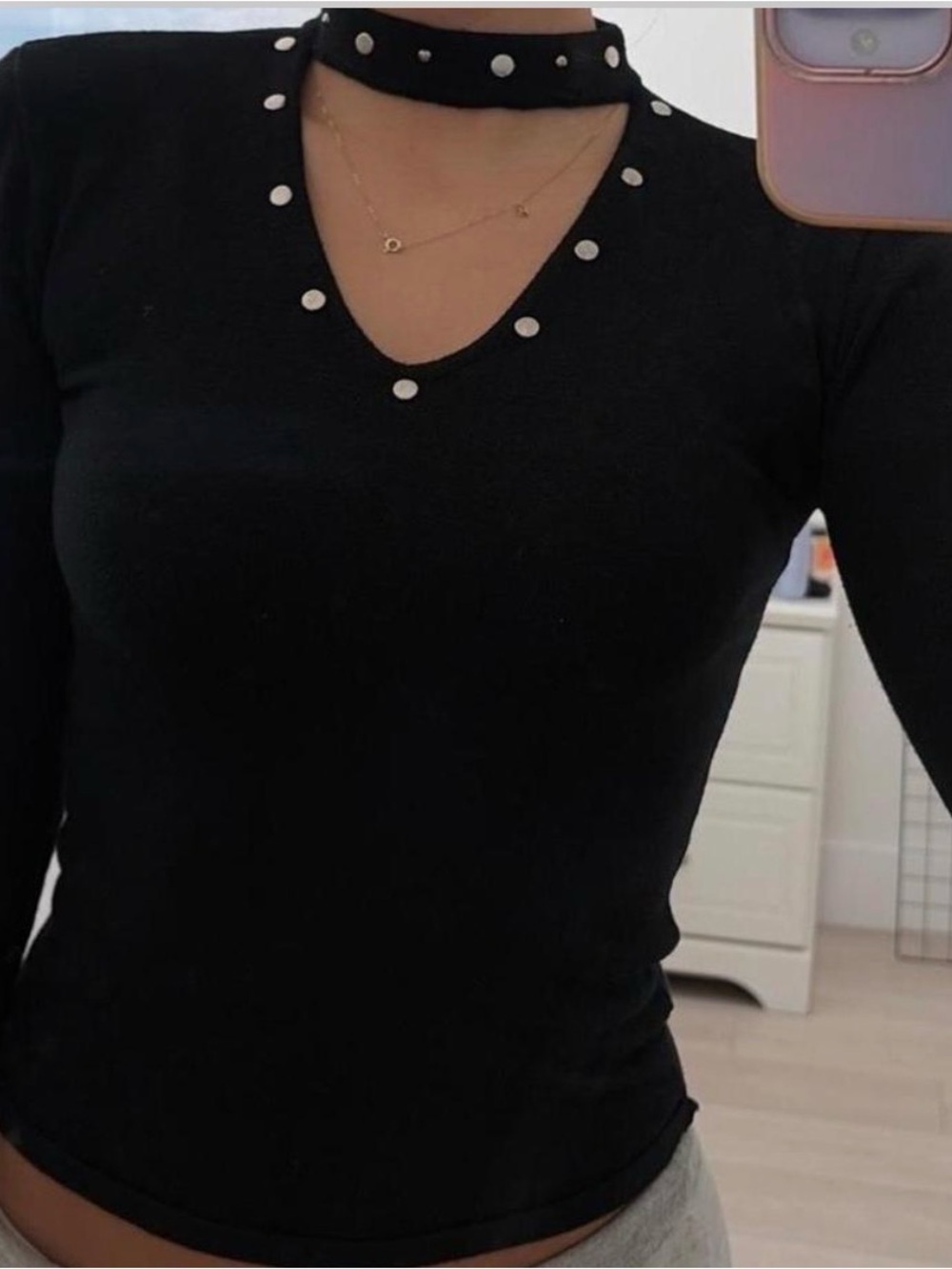 Stud-Trim Black Women’s Long Sleeve Sweater Top with Choker Neck